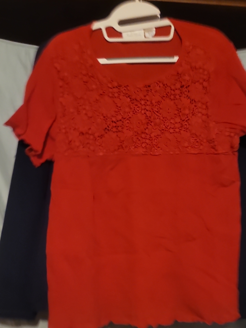 Studio Works Red Short Sleeve Lace Yoke Top
